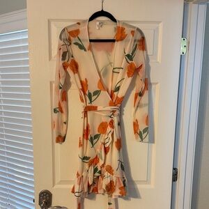 Ganni Tilden Mesh Wrap Dress with Orange Floral Print (size 8/10 US)